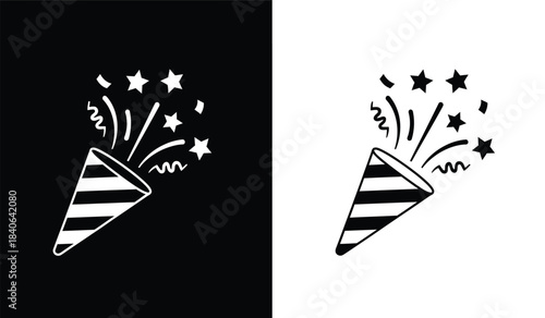 A striking black and white illustration depicts a party horn emitting stars and celebratory bursts mirrored on opposing backgrounds for visual impact high quality professional