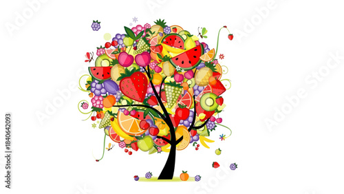 Vibrant cartoon tree illustration overflowing with a colorful variety of healthy fruits