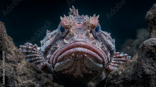 Captivating close up of a cryptic scorpionfish peering from rocky underwater habitat
