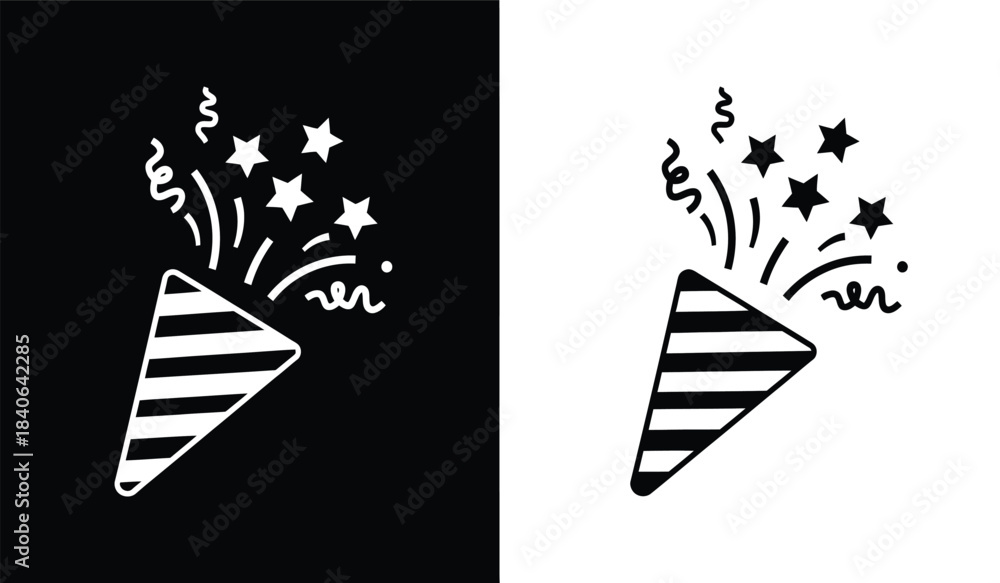 Fototapeta premium A striking visual representation showcases a party horn emitting celebratory sparkles and stars depicted in both black and white contrast highlighting festive joy high quality