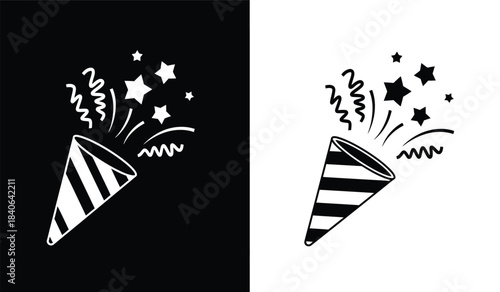 a striking visual composition features two party poppers emitting celebratory bursts of stars and confetti against contrasting black and white backgrounds creating a dynamic effect