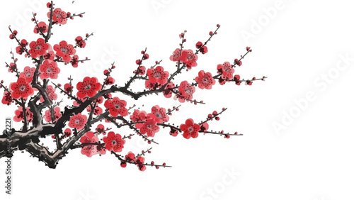 Traditional chinese ink painting of a vibrant red plum blossom branch on white background