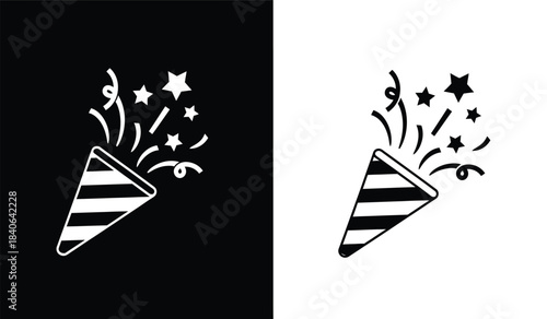A striking visual contrast displays a party popper emitting celebratory bursts of stars depicted in both black and white schemes creating a dynamic duality
