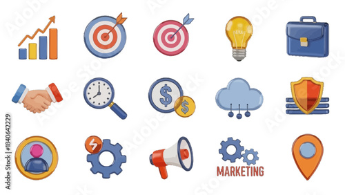 A collection of stylized 3d business, marketing, and finance icons on a white background