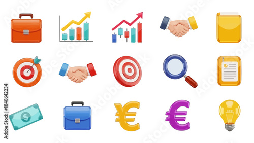 A collection of essential business and finance icons including growth charts, briefcases, and currency symbols
