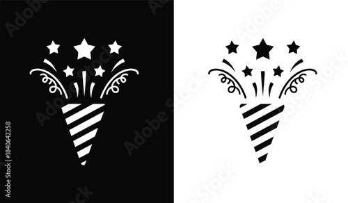 a detailed illustration showcases contrasting black and white firework displays emanating from party poppers with striped bases and sparkling trails high quality professional modern elegant