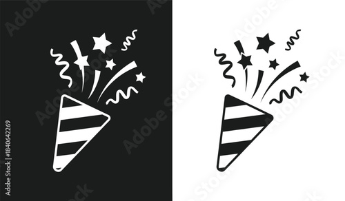 a minimalistic illustration showcases a party horn emitting celebratory streamers and stars presented in both black and white color schemes for versatile design applications
