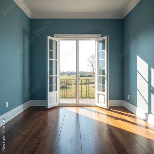 Wallpaper Mural Empty blue room with hardwood floor. Open French doors lead to balcony with rural view. Sunlight enters through doors, illuminating room with shadows on wall and floor. Torontodigital.ca