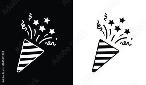 A striking visual representation showcases a party horn emitting celebratory sparkles and stars depicted in both black and white contrast highlighting festive joy high quality