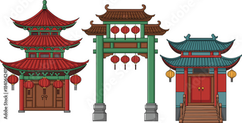 Set of Colorful Traditional Chinese Architecture, Featuring a Pagoda, Arch Gate, and Temple Building, Illustrating Asian Culture, Travel, and East Asian Landmark Icons