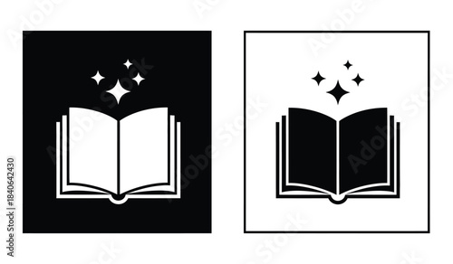 a detailed illustration showcasing two contrasting depictions of an open book with sparkling stars emanating from its pages presented in black and white high quality