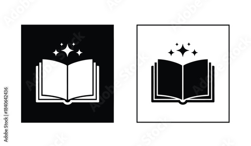 this image showcases two contrasting representations of an open book icon one with a black background and white details and another with a white background