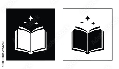 a stark visual comparison showcasing an open book adorned with twinkling stars presented in both black and white reversed color schemes for contrast high quality