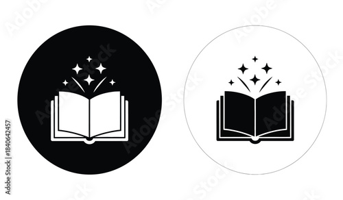 a detailed depiction of an open book with radiating sparkling stars presented in both a black filled and a white background version for versatility
