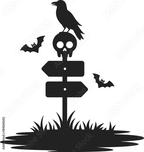 Halloween spooky direction signpost silhouette, crow sitting on skull sign, bats flying, dark graveyard scene, eerie black and white illustration
