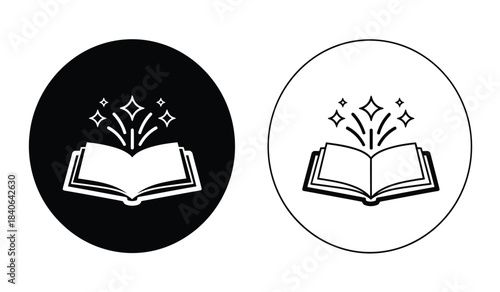 this illustration depicts two circular icons each showcasing an open book emitting sparks symbolizing knowledge learning or magical storytelling presented in contrasting color schemes