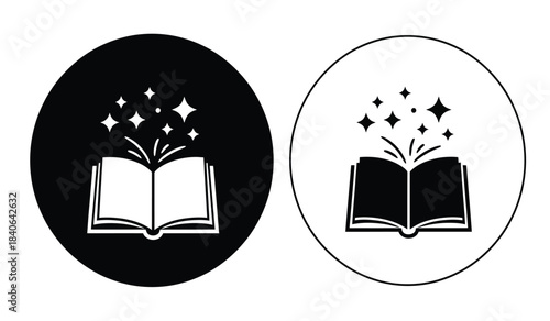 the image depicts two contrasting representations of an open book with sparkling stars emanating from its pages one in solid black and the other in
