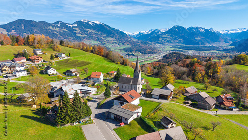 The village of Gurtis with snow by Nenzing, Walgau Valley, State of Vorarlberg, Austria, Drone Photography