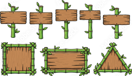 Set of Green Bamboo Frames and Wooden Signs with Leaves, Ideal for Oriental Food, Natural Product Branding, and Tropical Eco-Friendly Design Templates in a Cartoon Style