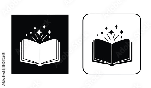 This image depicts two variations of an open book icon one with a white book on a black background and another with a black book