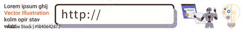 Internet security, artificial intelligence, data analysis, online search, web technology, cyber tools. A URL search bar with robot, light bulb and secure website elements. Cybersecurity