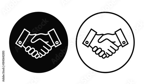 A simple illustration displays two variations of a handshake symbol one solid black and the other outlined representing agreement and partnership in a minimal style
