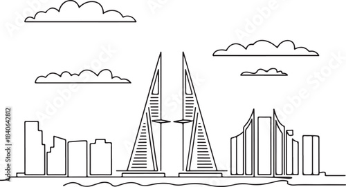 Continuous Line Art of Manama Skyline with Bahrain Bay Outline Minimal Illustration