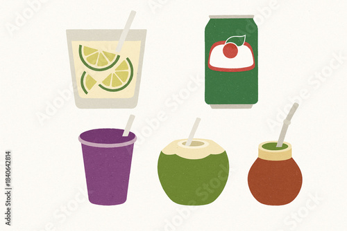 Brazilian beverages vector icon set with caipirinha guaraná açaí coconut water and mate tea