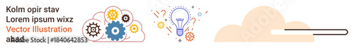Cloud computing, innovation, progress, technology, digital transformation, process ideas. Image includes gears, a lightbulb and a loading bar design. Cloud computing and innovation concept