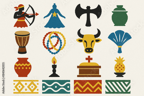 Afro Brazilian culture vector icon set with orixá drums beads altar patterns and rugged shapes