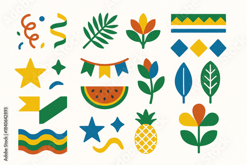 Brazilian festive pattern vector icon set with confetti ribbons tropical motifs stars and colorful bands