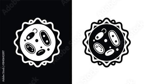 a striking visual depiction presents two contrasting cellular structures showcasing a black shape on a white background and vice versa with intricate internal details