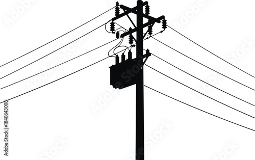 Black Silhouette of Single Electrical Utility Pole and Transformer with Insulators, Illustrating Power Distribution Component and Overhead Lines in an Isometric View