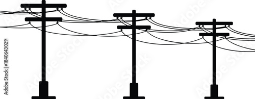 Black Silhouette Set of Three Electrical Utility Poles and Sagging Overhead Wires, Illustrating Power Transmission Lines and Electrical Distribution Network Components