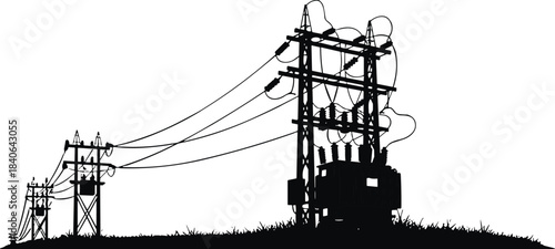 Black Silhouette of Outdoor Electrical Power Substation with Large Transformer and High-Voltage Switchgear, Illustrating Industrial Energy Distribution and Transmission Infrastructure Components