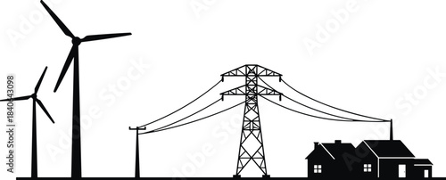 Black Silhouette of Wind Turbines Generating Renewable Energy, Transmitted via High-Voltage Pylon and Lines to Residential Houses, Symbolizing Clean Power and Sustainable