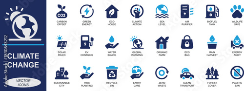 Minimal icon set representing climate change, sustainability, green energy, recycling, solar power, eco-living, and environmental protection. Perfect for UI, mobile apps, websites, and infographics.