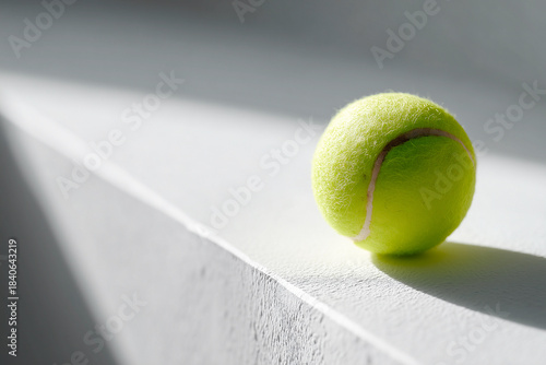 Bright lime tennis ball with fuzzy felt texture rests on a sunlit ledge, casting a crisp shadow in a minimal, high-contrast setting.