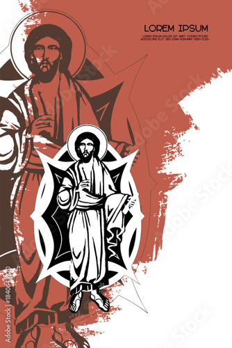 Religious vintage poster template with the Holy Transfiguration of our Lord God and Savior Jesus Christ. Christian illustration in Byzantine style
