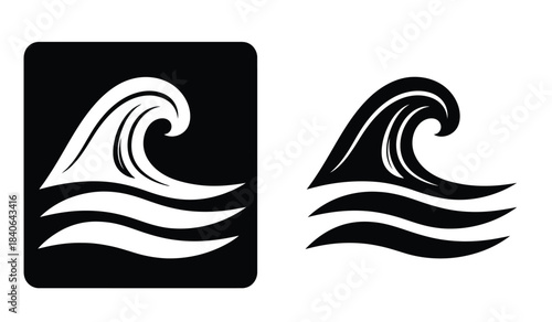 this graphic depicts two distinct black and white illustrations of ocean waves presented side by side in a simple minimalist style evoking a sense of