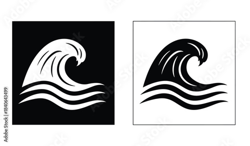 this graphic depiction showcases two stylized wave illustrations one featuring a white wave on a black background and the other a black wave on white