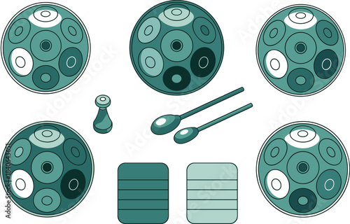 Handpan illustration set, steel tongue drums, musical instruments, percussion collection, mallets and accessories, vector art, relaxing sound therapy icons