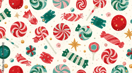 Vector illustration template featuring a Christmas candy element pattern with a flat design style, incorporating vibrant colors and bold shapes