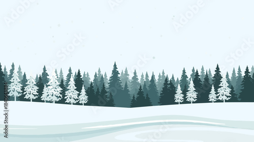 Vector template featuring a serene snow-covered background with a dense pine forest in the distance, rendered in a modern flat design style with bold line
