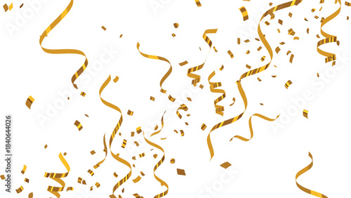 Golden confetti, curly streamers, festive background, celebration decor, shiny party elements, elegant sparkle, white backdrop, New Year decoration, joyful event, gold theme