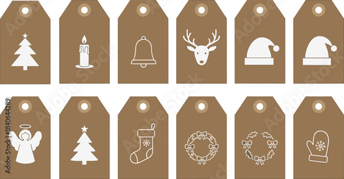 Holiday gift tags, Christmas icons, festive labels, brown paper tags, seasonal decorations, white symbols, present markers, winter theme, elegant design, packaging accents