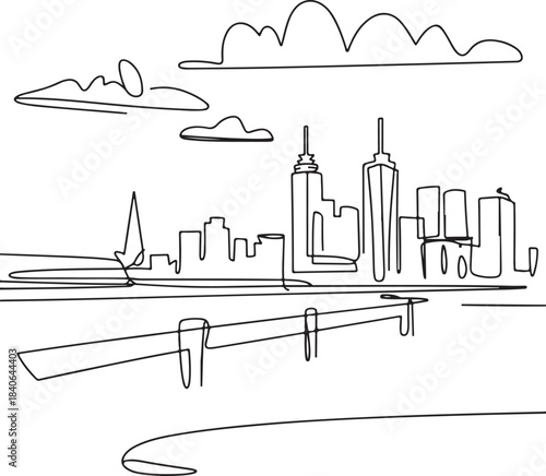 Continuous Line Art of Melbourne Skyline from St Kilda Pier Minimal Outline Illustration