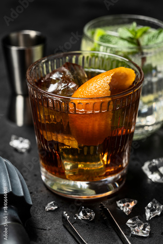 Classic Negroni cocktail served in a lowball glass with large ice cubes