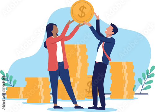 Businesspeople with money - Two people with business income and profits lifting dollar coin celebrating financial success and profitable company. Economy and finances concept in flat design vector