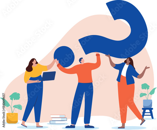 Businesspeople with question mark - Group of people business characters having questions and looking for answers and information. Flat design vector illustration with white background